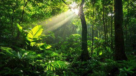 Experience the enchanting beauty of a tropical jungle where sunlight pierces through the vibrant foliage, creating a serene and magical atmosphere.の素材