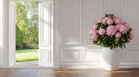A stunning arrangement of pink flowers in a white vase graces a bright interior space, with an open doorway leading to a lush garden scene, creating a serene ambiance.の素材