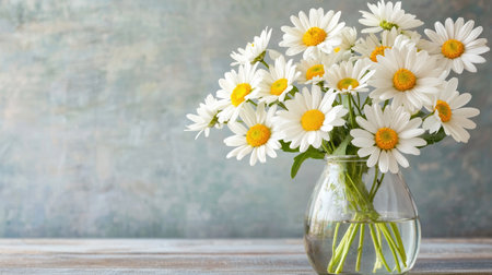 A beautiful arrangement of fresh white daisies in a clear vase sits elegantly on a wooden table, creating a serene and cheerful atmosphere. Perfect for home decor.の素材