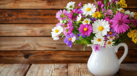A beautiful bouquet featuring an array of colorful flowers in a white vase, set against a rustic wooden backdrop, perfect for spring-themed decor.の素材