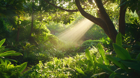 A stunning scene featuring sunlight filtering through lush foliage in a tropical forest, creating a peaceful and serene atmosphere ideal for nature lovers.の素材