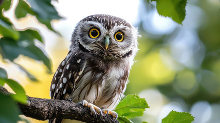 This enchanting close-up captures an adorable owl perched gracefully on a branch, surrounded by vibrant green leaves and gentle sunlight, creating an inviting, serene atmosphere.の素材