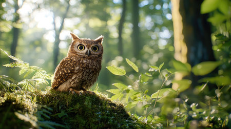 A captivating scene featuring an owl sitting on a moss-covered rock in a serene forest, with soft sunlight filtering through lush green leaves, creating a tranquil atmosphere.の素材