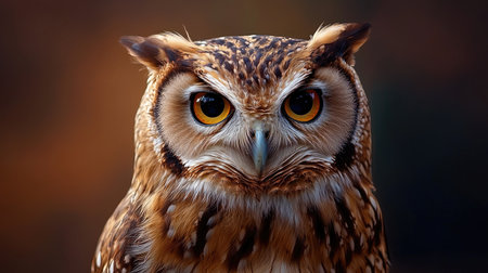 This detailed portrait showcases a majestic owl with striking orange eyes and intricate feather patterns, set against a softly blurred background.の素材
