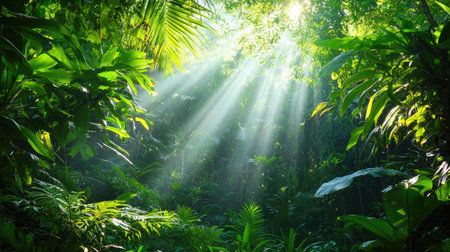 This breathtaking image captures sunlight streaming through vibrant green foliage in a tropical rainforest, highlighting the beauty and serenity of nature.の素材