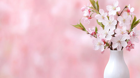 A stunning arrangement of cherry blossoms in a white vase, set against a soft pink background, perfect for spring dの素材