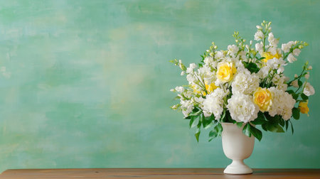 A stunning floral arrangement featuring white and yellow blossoms in a classic vase against a mint green background, perfect for enhancing any setting.の素材