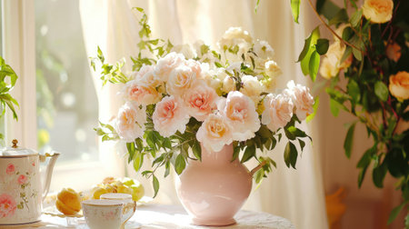 A charming bouquet of soft pink and white roses arranged in a pastel vase, bathed in warm natural light, creating a serene indoor atmosphere.の素材