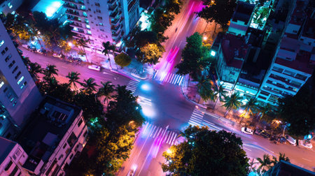 This vibrant aerial view captures an urban intersection at night, showcasing colorful street lights, palm trees, and the dynamic energy of city life.の素材