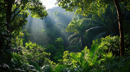 A stunning tropical jungle scene captures the beauty of nature with sunlight pouring through tall trees, highlighting the vibrant greenery and diverse foliage.の素材