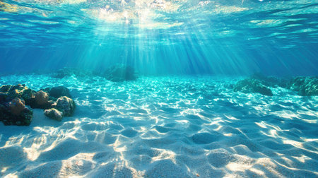 This stunning underwater scene captures the beauty of sunlight streaming through clear water above a sandy ocean floor. The serene environment invites exploration, showcasing the tranquil beauty of marine life and natural aquatic landscapes.の素材