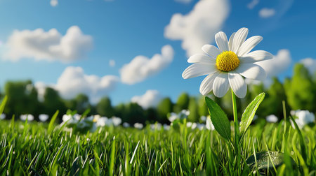 A beautiful white daisy flower stands tall amidst lush green grass under a clear blue sky. Fluffy white clouds drift overhead, creating a serene natural setting.の素材