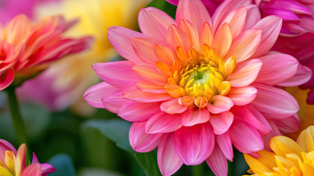This close-up image showcases a stunning array of vibrant dahlia flowers in beautiful shades of pink and yellow, radiating freshness and beauty.の素材