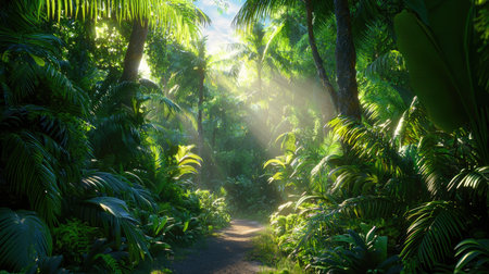 A serene path winds through a lush tropical forest, with vibrant greenery and sunlight filtering through tall trees, creating a picturesque nature scene.の素材