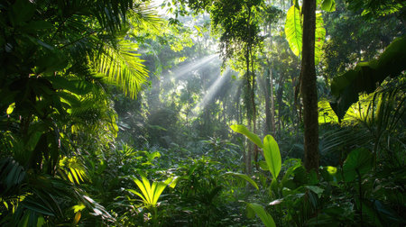 Experience the serenity of a vibrant jungle scene, where rays of sunlight create a magical atmosphere among lush trees and diverse foliage.の素材