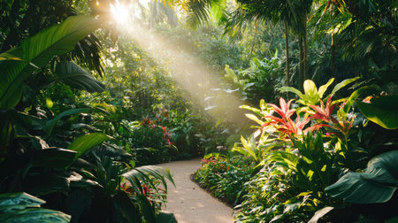 A peaceful pathway meanders through a vibrant tropical garden, illuminated by streams of sunlight breaking through the lush foliage, creating a serene atmosphere.の素材