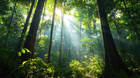 A breathtaking view of sunlight streaming through tall trees in a vibrant forest, highlighting the lush greenery and creating a serene atmosphere in nature.の素材