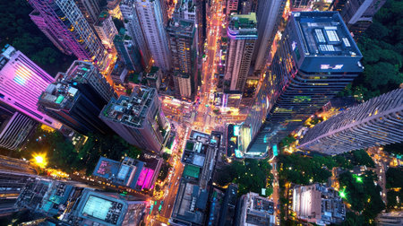 Explore a stunning aerial view of a vibrant city at night, showcasing illuminated skyscrapers and bustling streets filled with energy and life.の素材