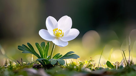A stunning white flower with a bright center emerges from lush greenery, capturing the essence of nature in a serene setting, perfect for spring themes.の素材