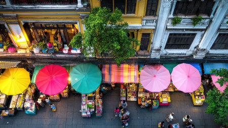 A lively urban street market featuring colorful umbrellas and bustling stalls. People enjoy shopping and exploring diverse local products in this vibrant setting.の素材