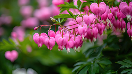 A stunning close-up of vibrant pink heart-shaped flowers set against lush green foliage, creating a serene and picturesque spring garden scene.の素材