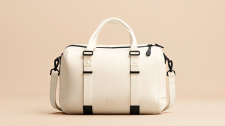 A chic cream duffle bag featuring adjustable straps and a secure zipper closure, perfect for travel or gym activities on a soft neutral background.の素材