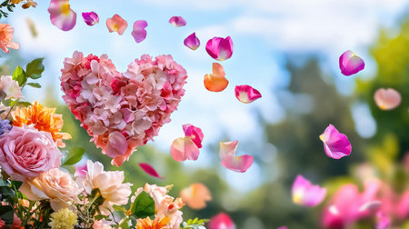A stunning heart shape made of flower petals floats against a bright spring sky, surrounded by vibrant blossoms, symbolizing beauty and love in nature.の素材