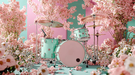 A vibrant and serene drumming scene featuring a pastel-colored drum set surrounded by beautiful cherry blossoms, evoking creativity and harmony in music.の素材