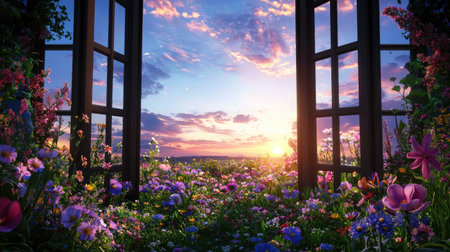 Experience a breathtaking view through open windows framing a vibrant landscape filled with colorful flowers and a stunning sunset, creating tranquility.の素材