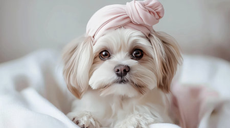 This charming image features an adorable dog wearing a pink headband, relaxing on a soft blanket. The dog's expressive eyes and fluffy fur create a heartwarming portrait perfect for pet lovers.の素材