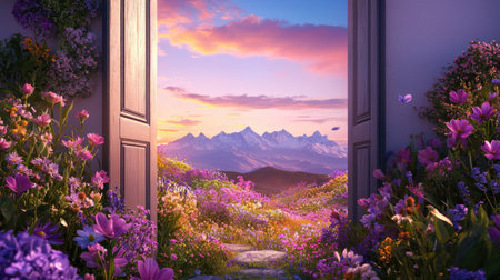 A stunning open doorway invites viewers into a vibrant flower-filled landscape, framed by majestic mountains and a colorful sunrise sky, evoking feelings of peace.の素材