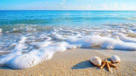 Experience the serenity of a tranquil beach scene featuring delicate seashells and a starfish resting on soft sand as gentle waves caress the shore.の素材