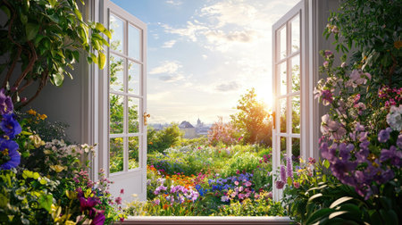 A serene view through open windows reveals a vibrant garden adorned with blooming flowers under soft sunrise light, creating a peaceful atmosphere.の素材