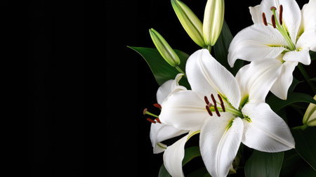 This stunning image showcases elegant white lilies in full bloom, complemented by fresh green leaves against a deep black background, creating a peaceful atmosphere.の素材