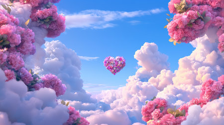 This enchanting image features a heart-shaped arrangement of vibrant flowers floating amidst soft, fluffy clouds under a serene blue sky, evoking feelings of love and tranquility.の素材