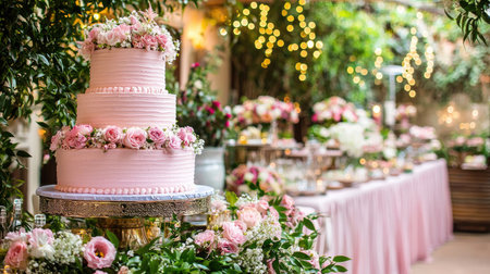 A stunning pink wedding cake adorned with delicate flowers stands prominently in a beautifully decorated outdoor garden. Soft lighting and elegant decor enhance the festive atmosphere, making it perfect for a celebration.の素材