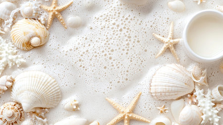 A serene arrangement of white and cream sea shells, starfish, and gentle bubbles on a smooth sand background, perfect for beach-themed decor and relaxation.の素材