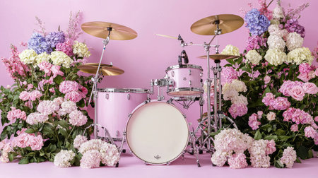 A vibrant drumming set is nestled amidst a lush arrangement of colorful flowers against a soft pink background, creating an artistic and energetic atmosphere for music and events.の素材