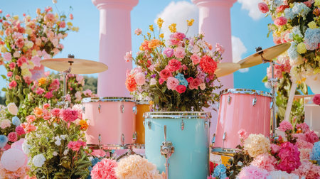 A stunning and vibrant floral arrangement features a pastel drum set surrounded by colorful flowers, creating an artistic outdoor scene perfect for celebrations.の素材