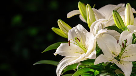Captivating image of elegant white lilies in full bloom, showcasing their delicate petals and vibrant green foliage against a dark background, exuding purity.の素材