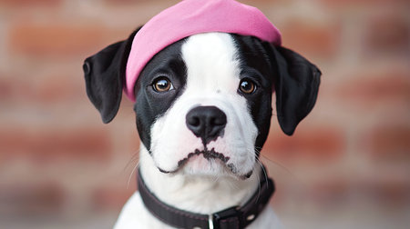 Charming dog with distinctive black and white markings, donning a playful pink beret, sits against a rustic brick backdrop, radiating personality.の素材