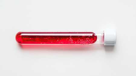 A clear test tube filled with a vibrant red liquid, featuring bubbles inside. Ideal for concepts related to scientific research, laboratory analysis, and medical studies.の素材