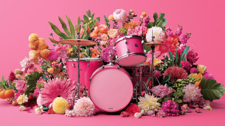 A striking pink drum set is elegantly arranged among a lush display of vibrant flowers against a vivid pink background, perfect for creative projects.の素材