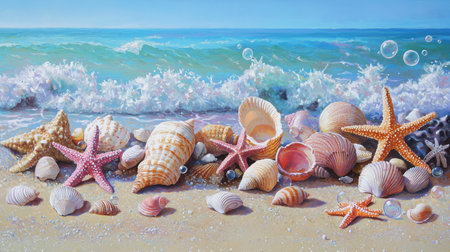 A vibrant coastal scene showcasing a variety of colorful shells and starfish washed ashore. Gentle waves lap the sandy beach under a clear blue sky, creating a serene and picturesque atmosphere ideal for summer themes.の素材