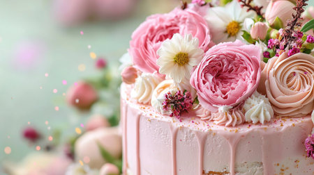 This stunning pink floral cake showcases beautiful roses and fresh blooms, perfect for celebrations, weddings, and special events. A true delight for the eyes and palate.の素材