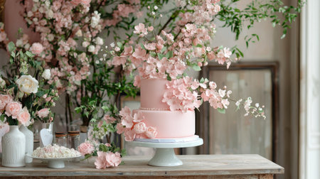 A stunning pink cake beautifully decorated with cherry blossom flowers, set in a serene floral arrangement, perfect for celebrations and special events.の素材
