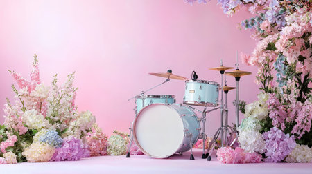 This captivating image features a drum set surrounded by a lush arrangement of pastel flowers, creating a serene and vibrant backdrop perfect for music-themed projects or spring celebrations.の素材