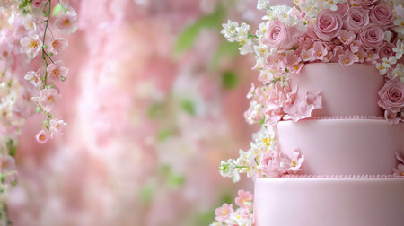 This stunning three-tier wedding cake features soft pink hues and is beautifully adorned with fresh flowers and elegant roses, ideal for any celebration.の素材