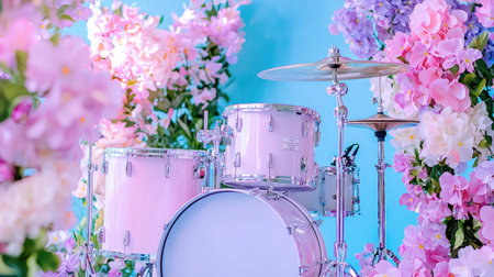 A charming pink drum set placed against a vibrant floral backdrop featuring a variety of colorful blooms. Ideal for themes related to music, art, and celebration.の素材