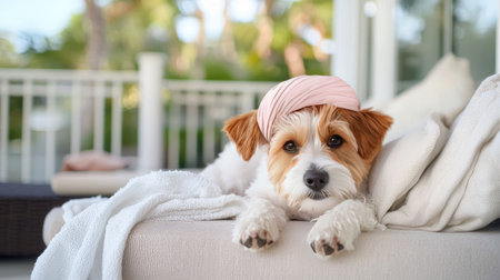 This delightful image captures an adorable dog wearing a pink headband, lying comfortably on a sofa, embodying tranquility and relaxation in a beautiful outdoor setting.の素材